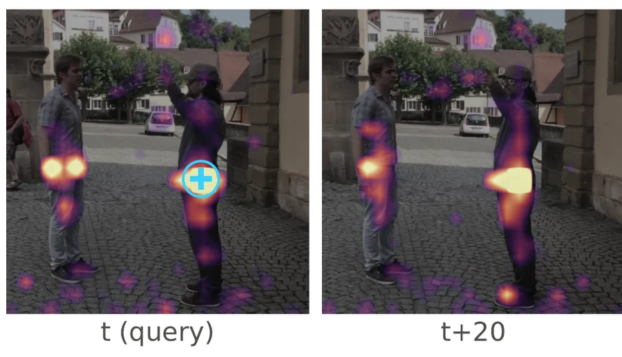 Attention of a pelvis token at the query frame and 20 frames later, following the moving person